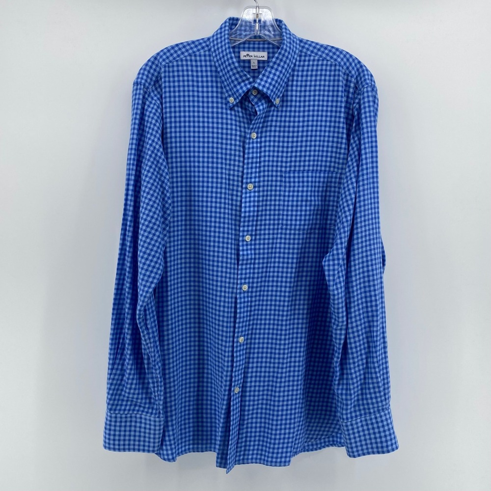 Peter Millar Mens Blue Gingham Plaid Long Sleeve Button Down Shirt Large L - Picture 1 of 9